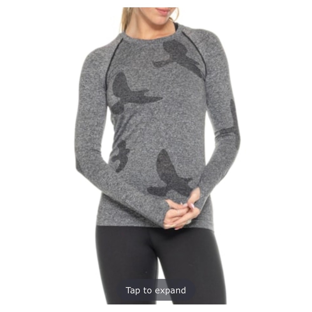 Oiselle Small Flyte shirt women's long sleeve‎ thumb holes gray birds running